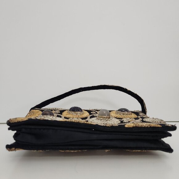 Vintage Evening Bag Jewel Beaded Black Ember Stones Embroidered 60\'s Clutch